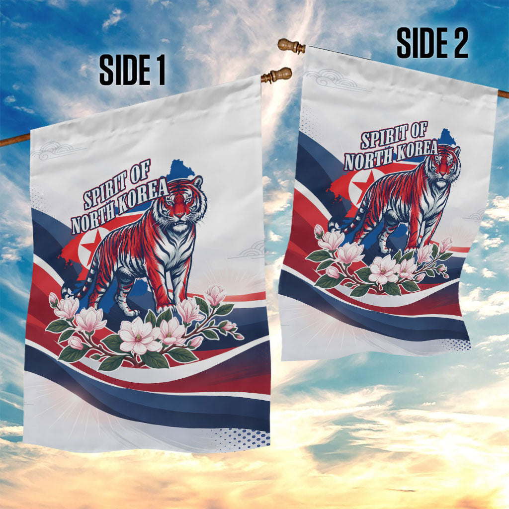 North Korea Flag Day Spirit Of North Korea Garden Flag Flying Crane Graphic With Tiger Portrait And Magnolia Flowers