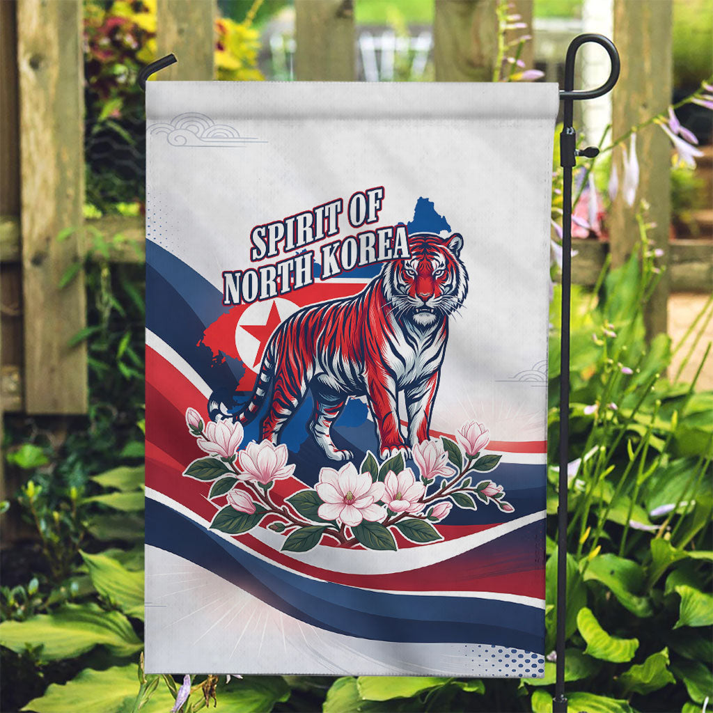 North Korea Flag Day Spirit Of North Korea Garden Flag Flying Crane Graphic With Tiger Portrait And Magnolia Flowers