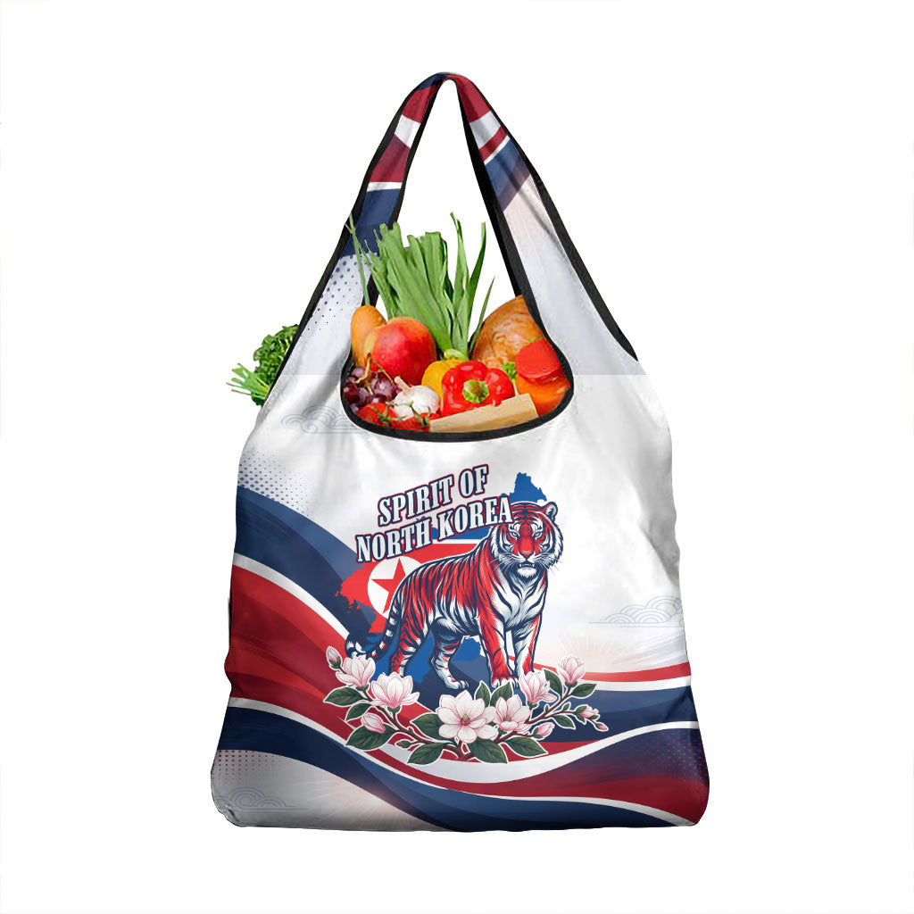 North Korea Flag Day Spirit Of North Korea Grocery Bag Flying Crane Graphic With Tiger Portrait And Magnolia Flowers
