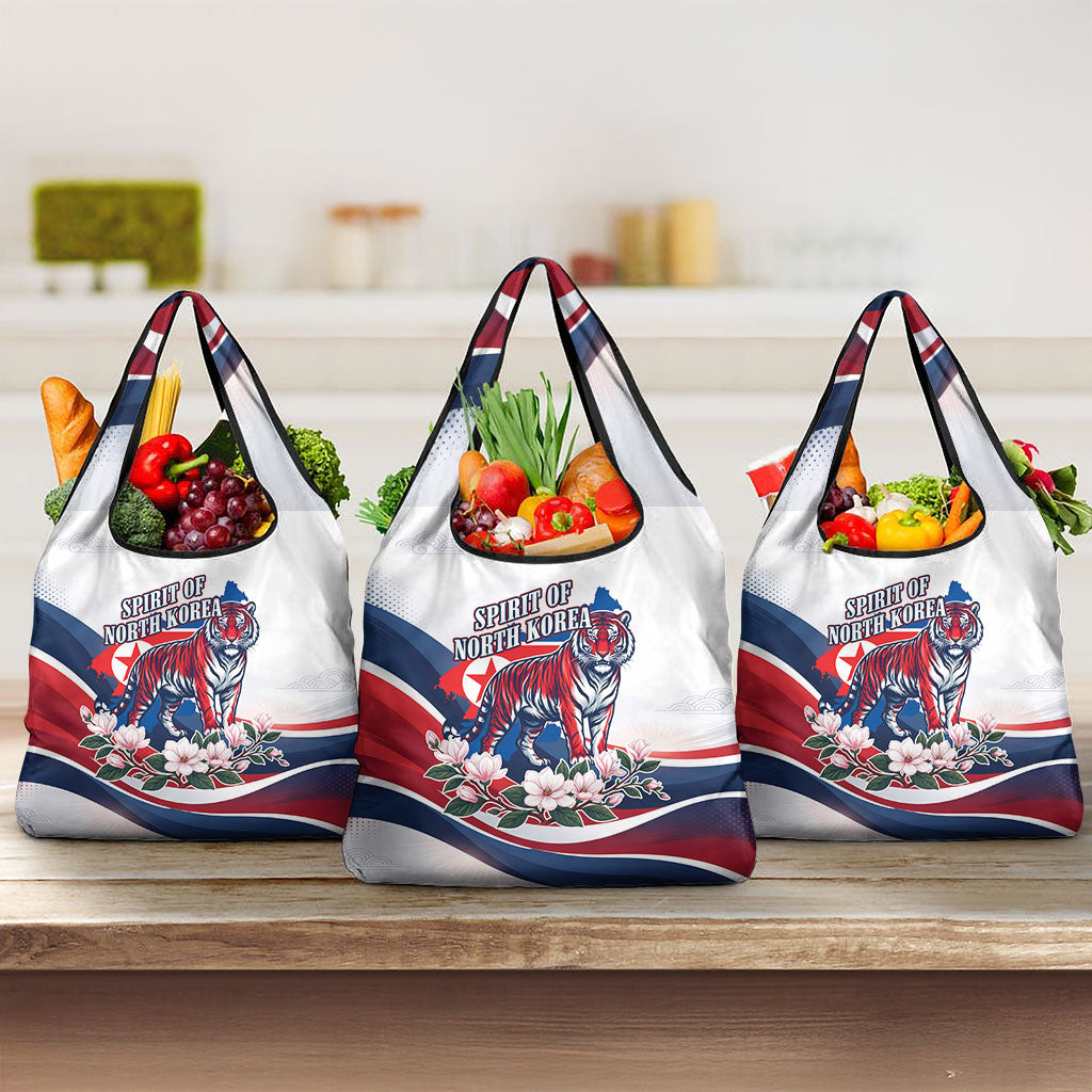 North Korea Flag Day Spirit Of North Korea Grocery Bag Flying Crane Graphic With Tiger Portrait And Magnolia Flowers