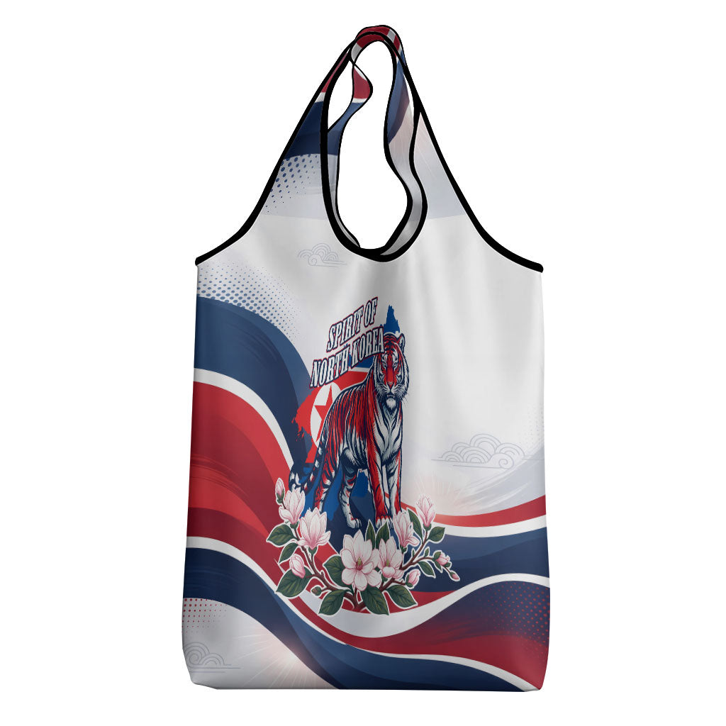 North Korea Flag Day Spirit Of North Korea Grocery Bag Flying Crane Graphic With Tiger Portrait And Magnolia Flowers