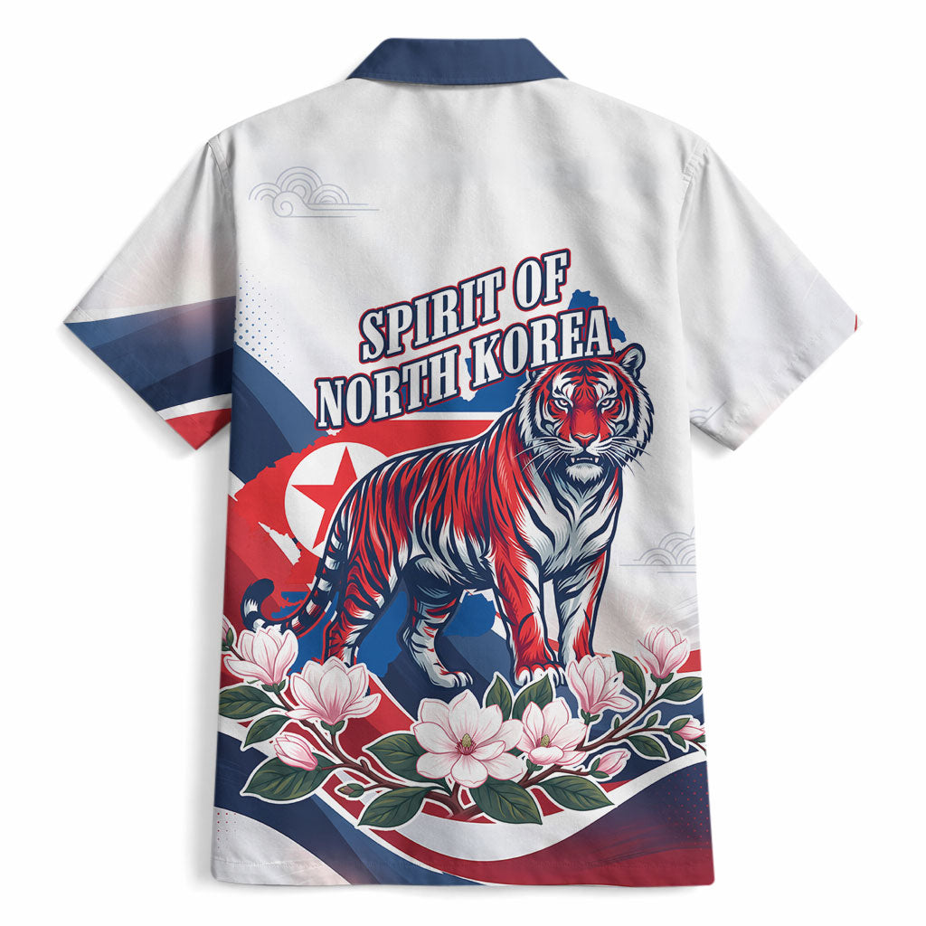 North Korea Flag Day Spirit Of North Korea Hawaiian Shirt Flying Crane Graphic With Tiger Portrait And Magnolia Flowers