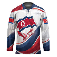 North Korea Flag Day Spirit Of North Korea Hockey Jersey Flying Crane Graphic With Tiger Portrait And Magnolia Flowers