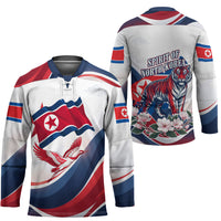 North Korea Flag Day Spirit Of North Korea Hockey Jersey Flying Crane Graphic With Tiger Portrait And Magnolia Flowers