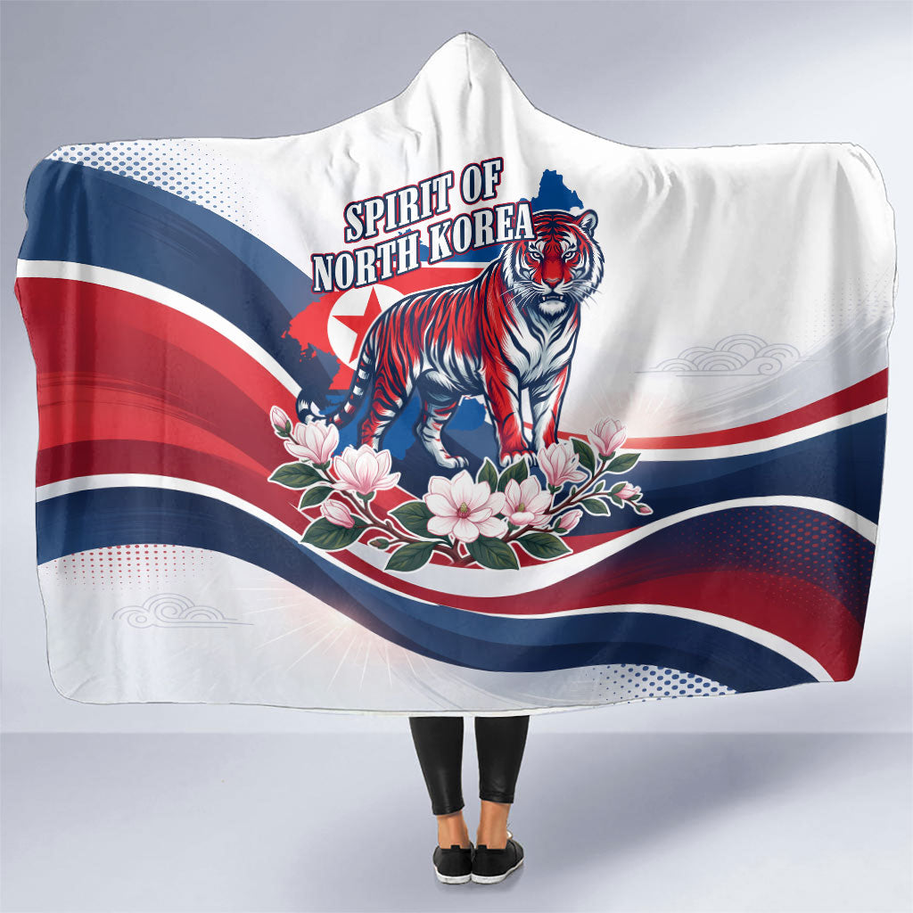 North Korea Flag Day Spirit Of North Korea Hooded Blanket Flying Crane Graphic With Tiger Portrait And Magnolia Flowers