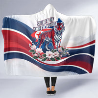North Korea Flag Day Spirit Of North Korea Hooded Blanket Flying Crane Graphic With Tiger Portrait And Magnolia Flowers