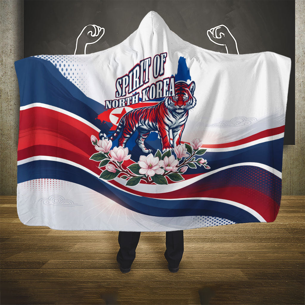 North Korea Flag Day Spirit Of North Korea Hooded Blanket Flying Crane Graphic With Tiger Portrait And Magnolia Flowers