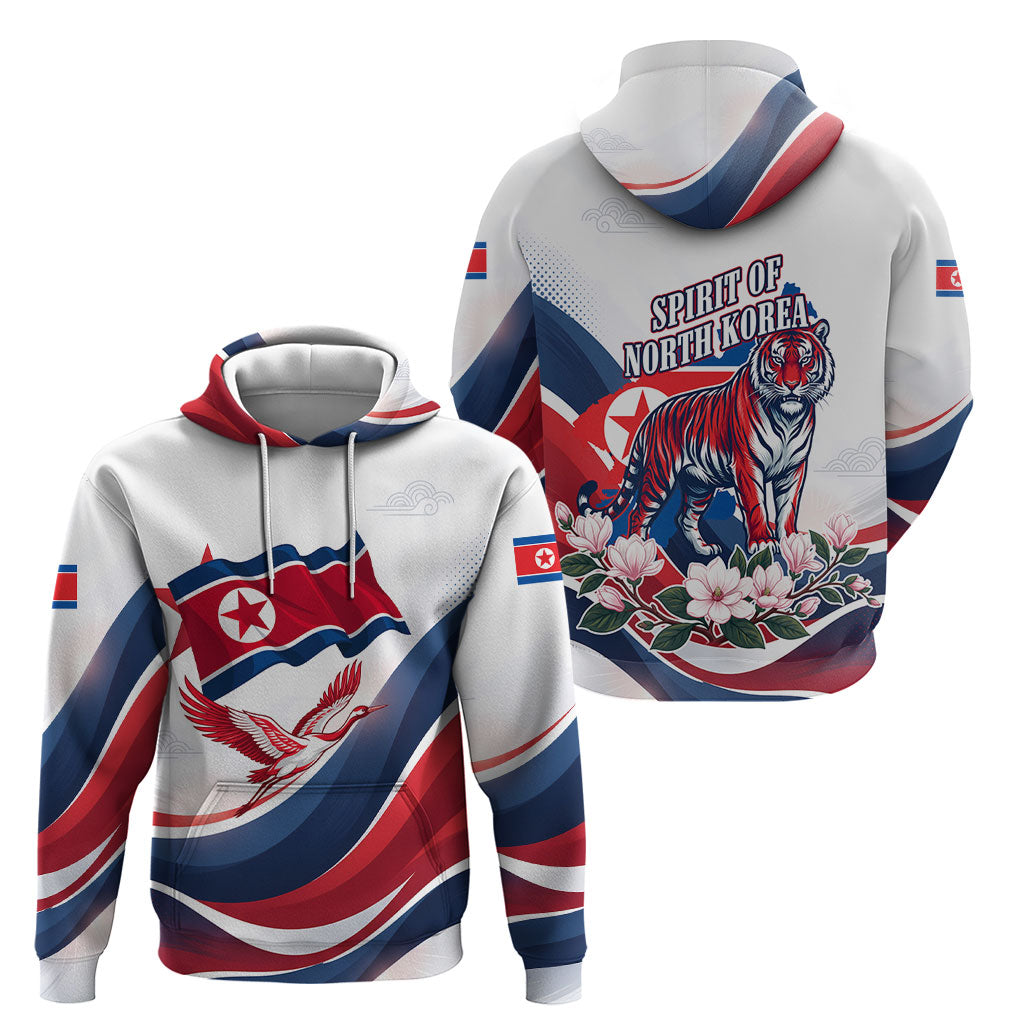 North Korea Flag Day Spirit Of North Korea Hoodie Flying Crane Graphic With Tiger Portrait And Magnolia Flowers