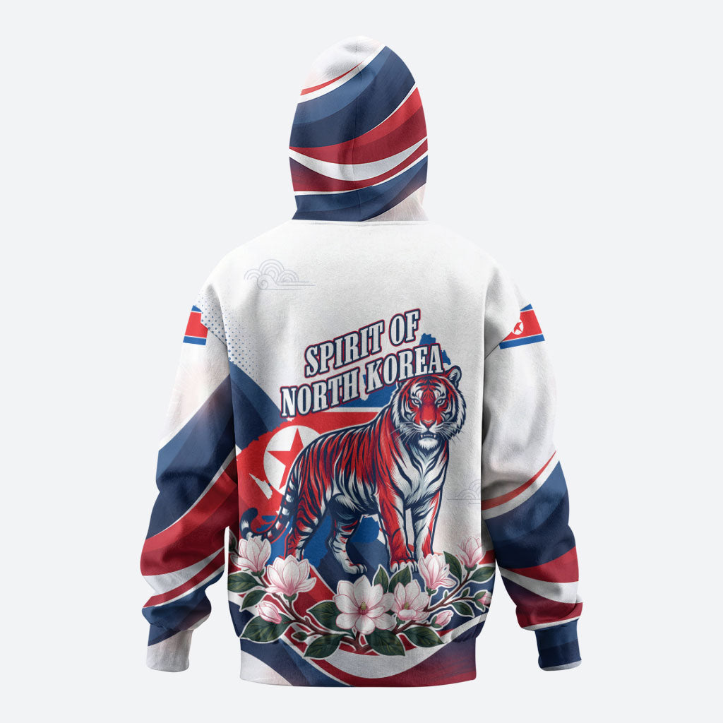 North Korea Flag Day Spirit Of North Korea Hoodie Flying Crane Graphic With Tiger Portrait And Magnolia Flowers