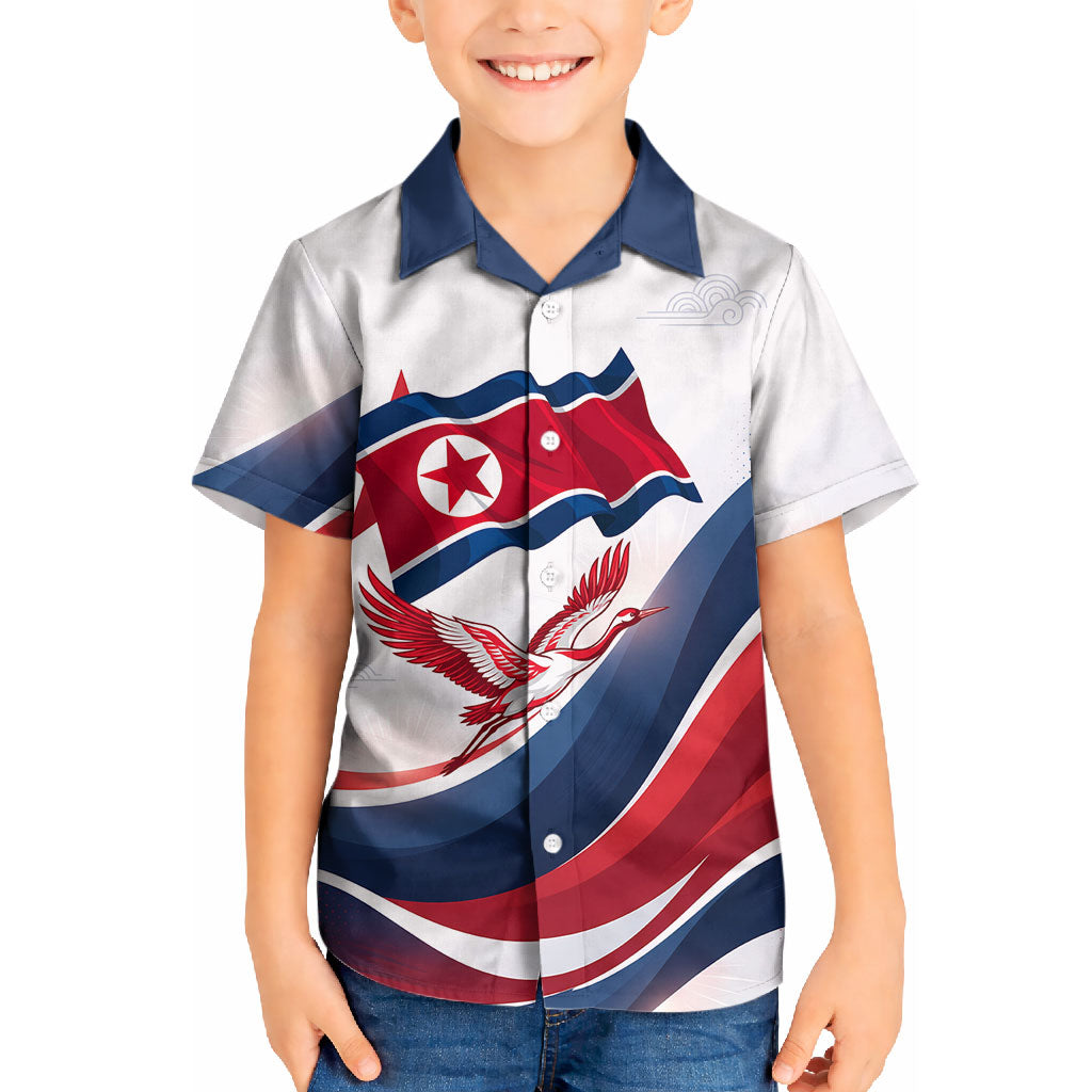 North Korea Flag Day Spirit Of North Korea Kid Hawaiian Shirt Flying Crane Graphic With Tiger Portrait And Magnolia Flowers