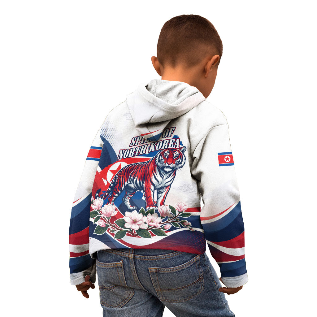 North Korea Flag Day Spirit Of North Korea Kid Hoodie Flying Crane Graphic With Tiger Portrait And Magnolia Flowers
