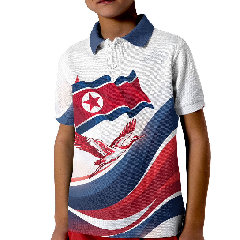 North Korea Flag Day Spirit Of North Korea Kid Polo Shirt Flying Crane Graphic With Tiger Portrait And Magnolia Flowers