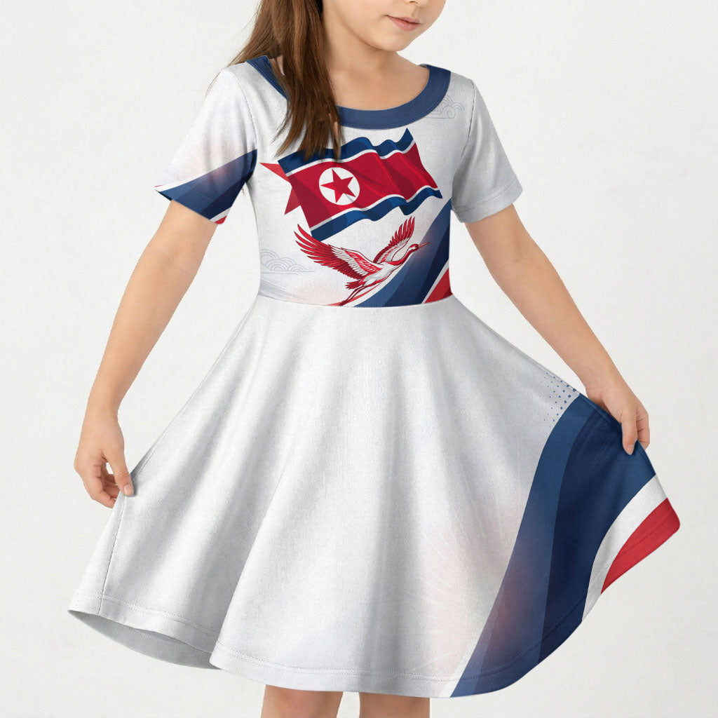 North Korea Flag Day Spirit Of North Korea Kid Short Sleeve Dress Flying Crane Graphic With Tiger Portrait And Magnolia Flowers