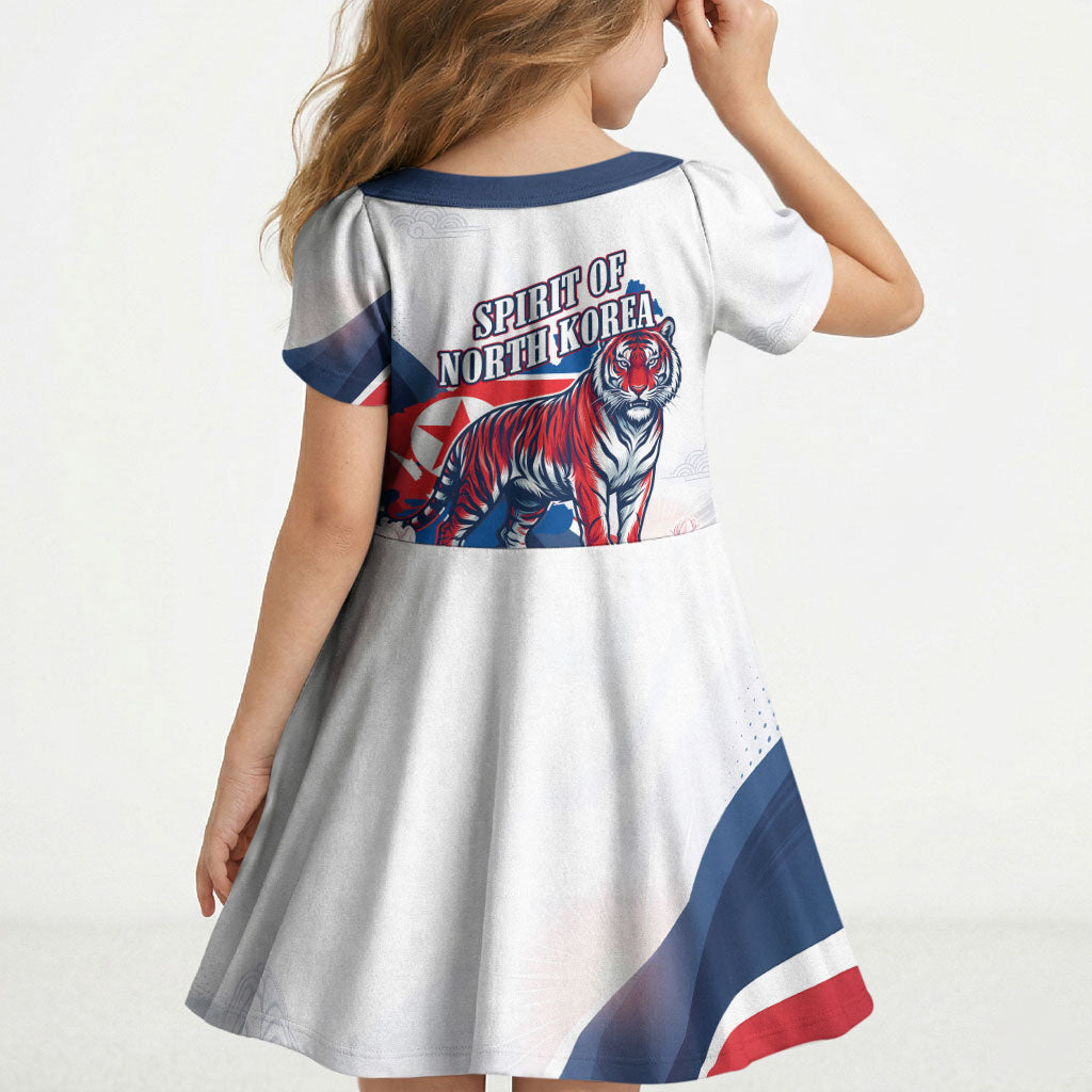North Korea Flag Day Spirit Of North Korea Kid Short Sleeve Dress Flying Crane Graphic With Tiger Portrait And Magnolia Flowers