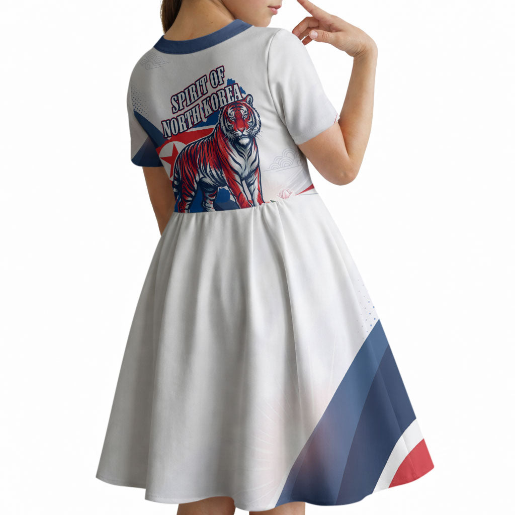 North Korea Flag Day Spirit Of North Korea Kid Short Sleeve Dress Flying Crane Graphic With Tiger Portrait And Magnolia Flowers