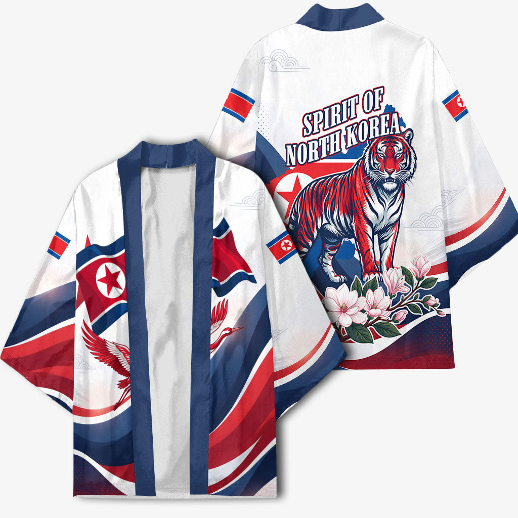 North Korea Flag Day Spirit Of North Korea Kimono Flying Crane Graphic With Tiger Portrait And Magnolia Flowers