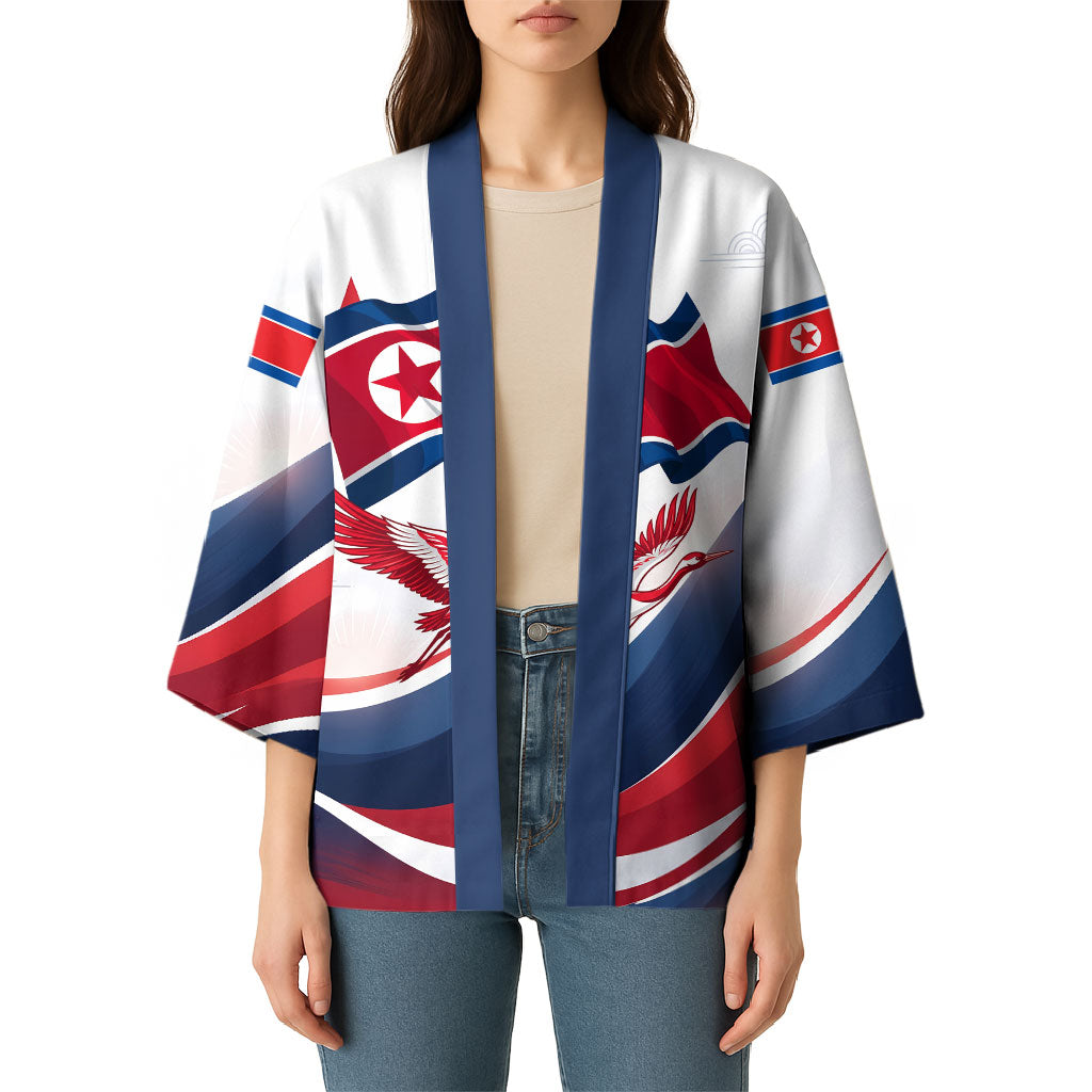 North Korea Flag Day Spirit Of North Korea Kimono Flying Crane Graphic With Tiger Portrait And Magnolia Flowers