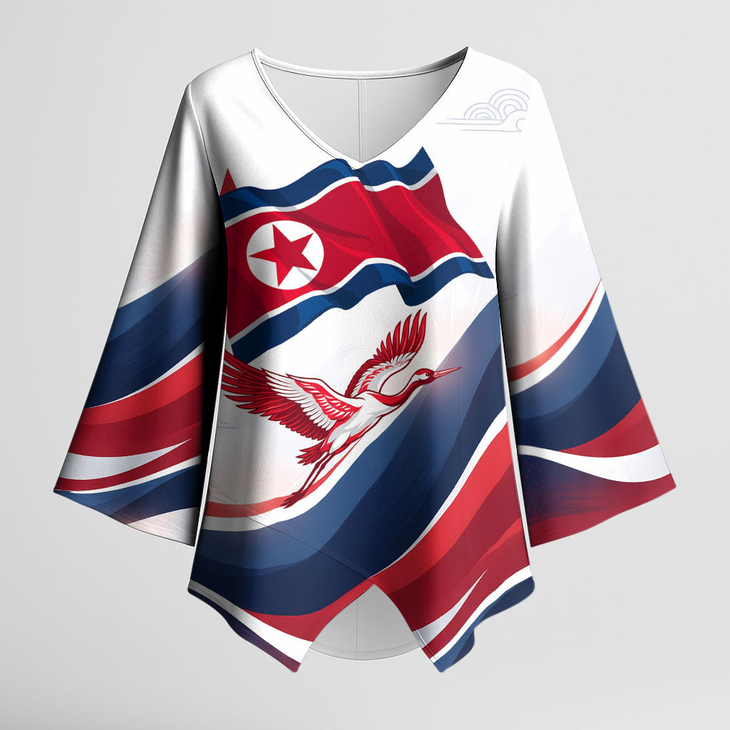North Korea Flag Day Spirit Of North Korea Kimono Sleeve Blouse Flying Crane Graphic With Tiger Portrait And Magnolia Flowers