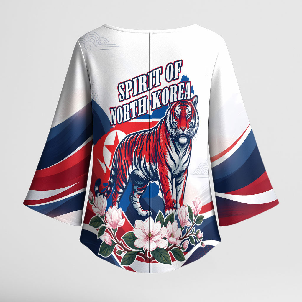 North Korea Flag Day Spirit Of North Korea Kimono Sleeve Blouse Flying Crane Graphic With Tiger Portrait And Magnolia Flowers