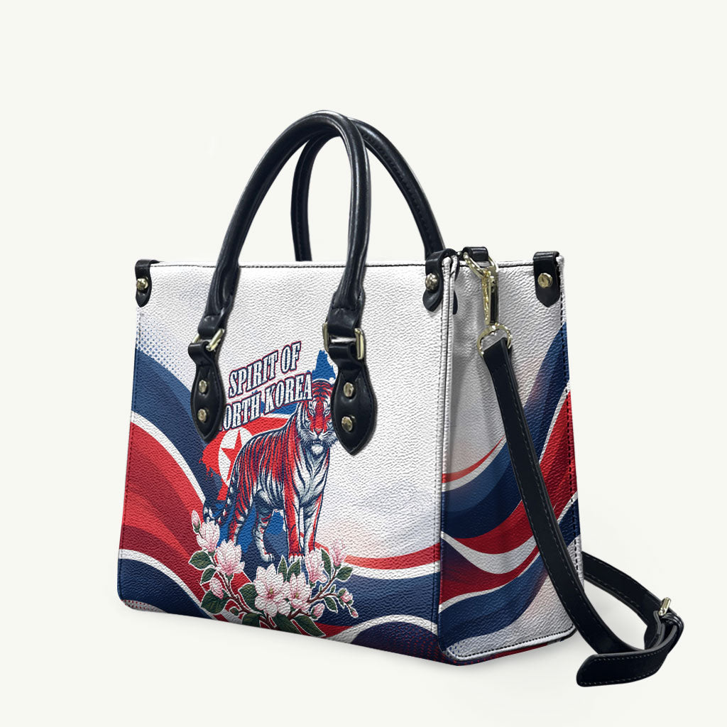 North Korea Flag Day Spirit Of North Korea Leather Bag Flying Crane Graphic With Tiger Portrait And Magnolia Flowers