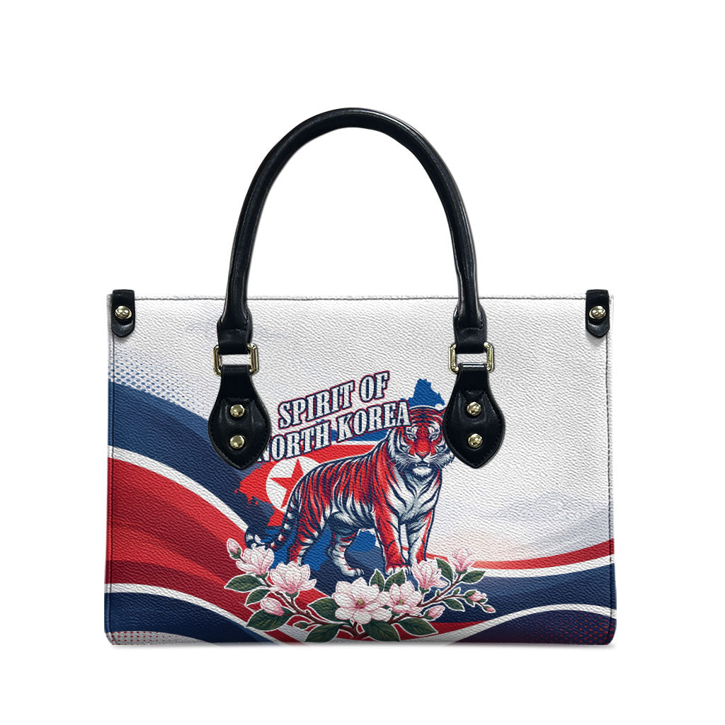 North Korea Flag Day Spirit Of North Korea Leather Bag Flying Crane Graphic With Tiger Portrait And Magnolia Flowers
