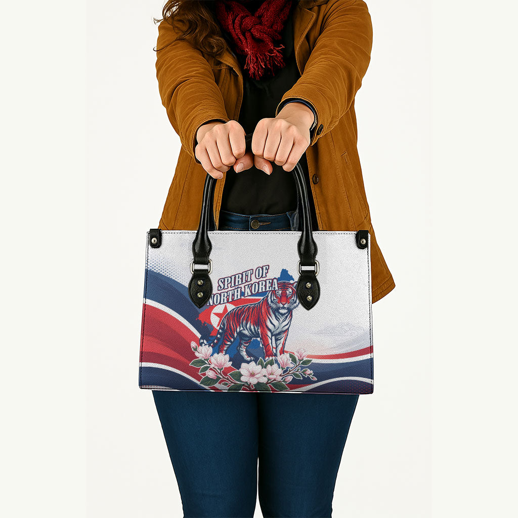 North Korea Flag Day Spirit Of North Korea Leather Bag Flying Crane Graphic With Tiger Portrait And Magnolia Flowers