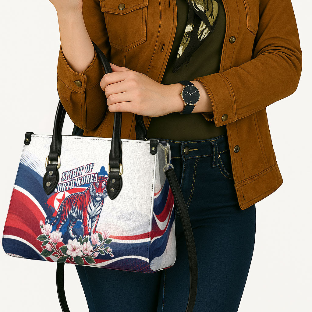 North Korea Flag Day Spirit Of North Korea Leather Bag Flying Crane Graphic With Tiger Portrait And Magnolia Flowers