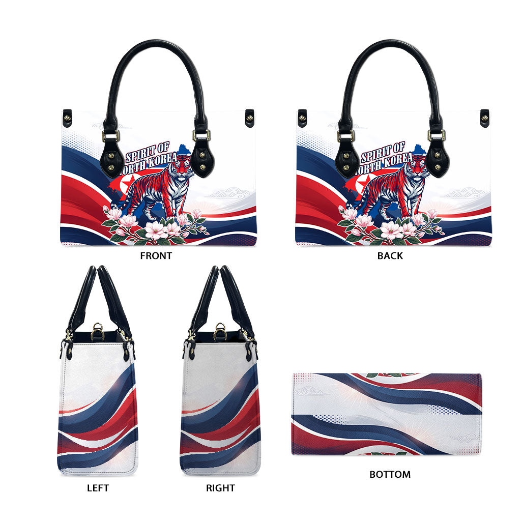 North Korea Flag Day Spirit Of North Korea Leather Bag Flying Crane Graphic With Tiger Portrait And Magnolia Flowers