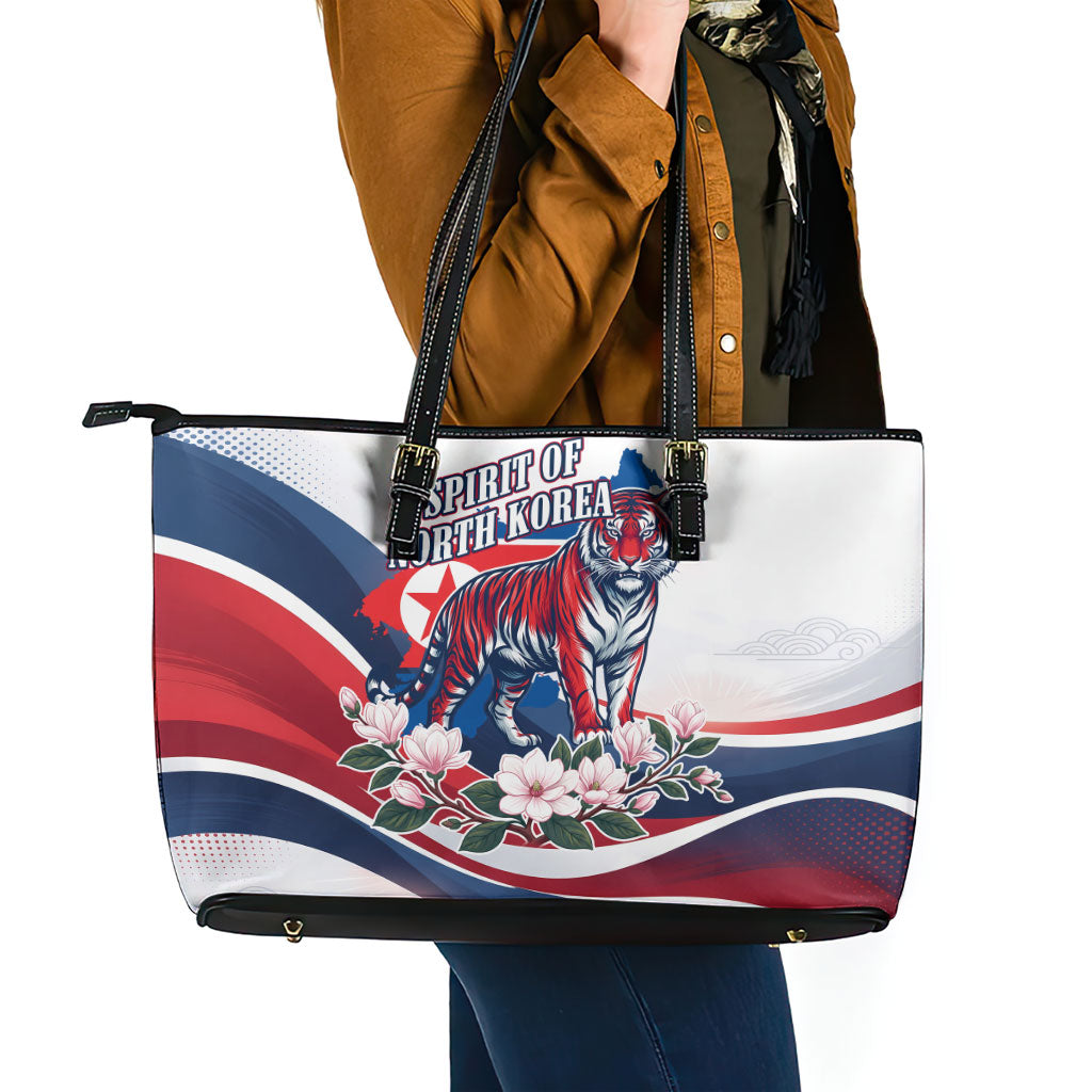 North Korea Flag Day Spirit Of North Korea Leather Tote Bag Flying Crane Graphic With Tiger Portrait And Magnolia Flowers