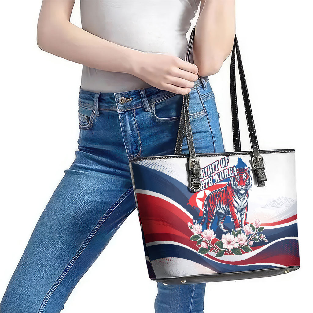 North Korea Flag Day Spirit Of North Korea Leather Tote Bag Flying Crane Graphic With Tiger Portrait And Magnolia Flowers