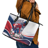 North Korea Flag Day Spirit Of North Korea Leather Tote Bag Flying Crane Graphic With Tiger Portrait And Magnolia Flowers