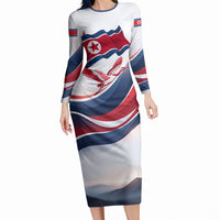North Korea Flag Day Spirit Of North Korea Long Sleeve Bodycon Dress Flying Crane Graphic With Tiger Portrait And Magnolia Flowers