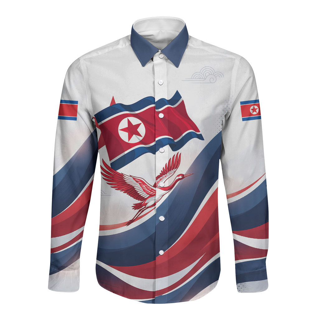 North Korea Flag Day Spirit Of North Korea Long Sleeve Button Shirt Flying Crane Graphic With Tiger Portrait And Magnolia Flowers