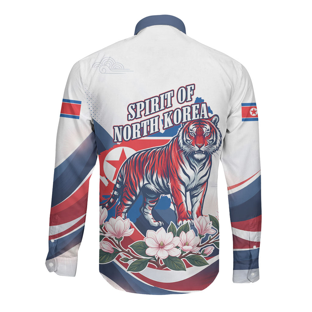North Korea Flag Day Spirit Of North Korea Long Sleeve Button Shirt Flying Crane Graphic With Tiger Portrait And Magnolia Flowers