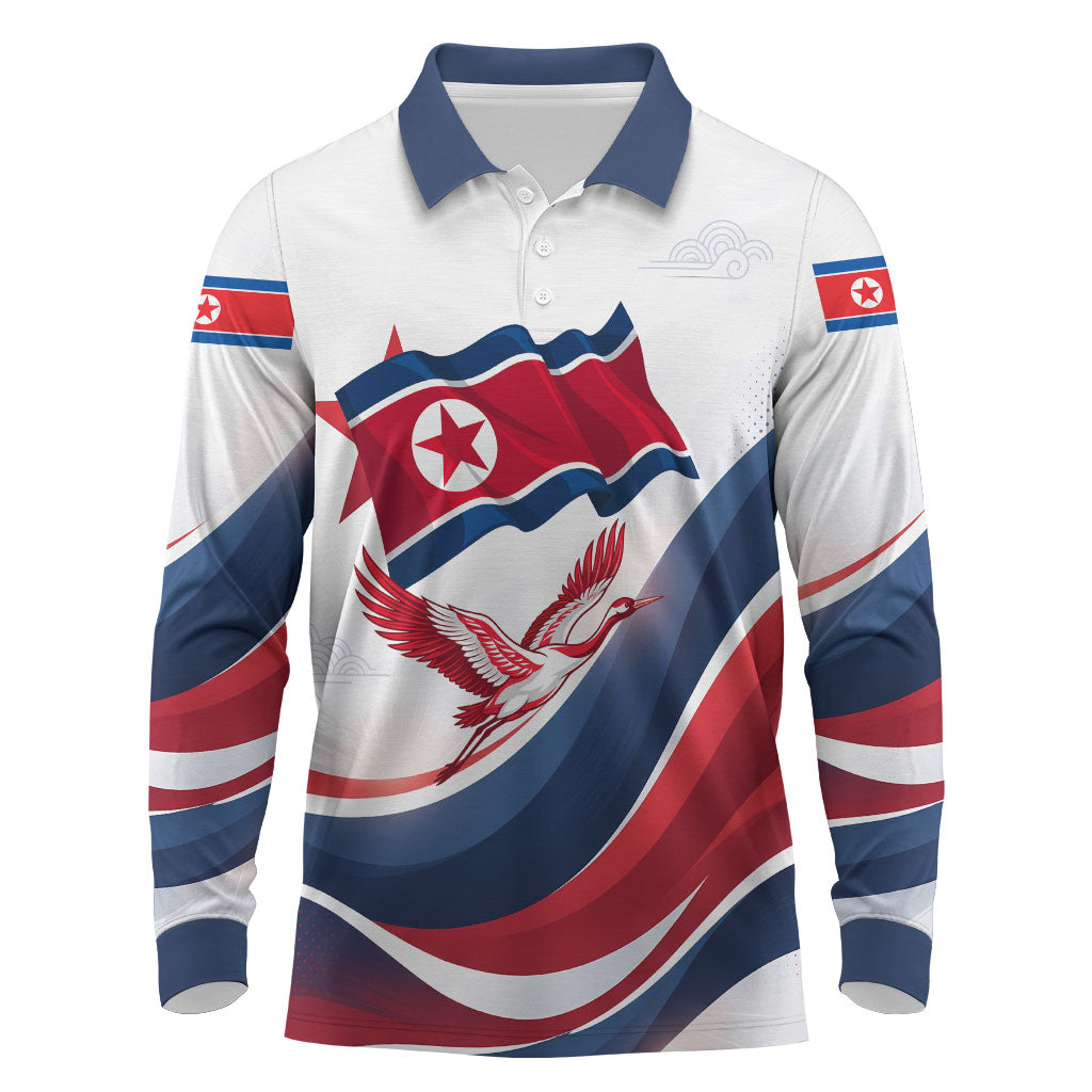 North Korea Flag Day Spirit Of North Korea Long Sleeve Polo Shirt Flying Crane Graphic With Tiger Portrait And Magnolia Flowers