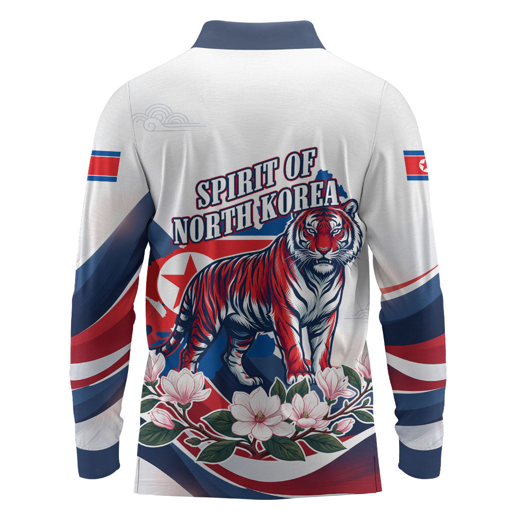North Korea Flag Day Spirit Of North Korea Long Sleeve Polo Shirt Flying Crane Graphic With Tiger Portrait And Magnolia Flowers