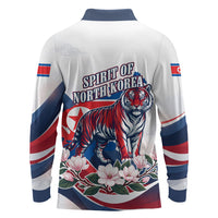 North Korea Flag Day Spirit Of North Korea Long Sleeve Polo Shirt Flying Crane Graphic With Tiger Portrait And Magnolia Flowers