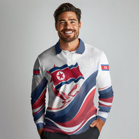 North Korea Flag Day Spirit Of North Korea Long Sleeve Polo Shirt Flying Crane Graphic With Tiger Portrait And Magnolia Flowers