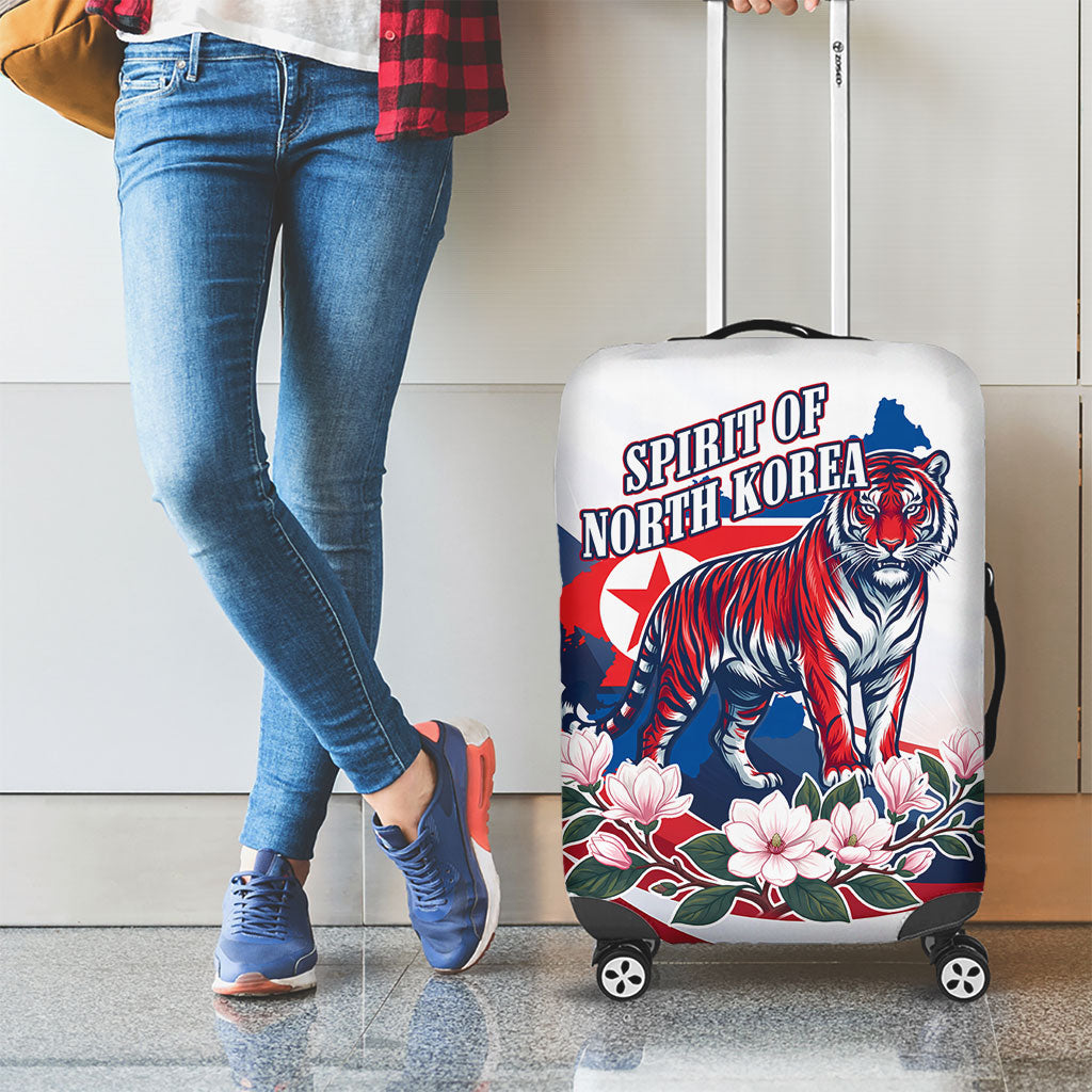 North Korea Flag Day Spirit Of North Korea Luggage Cover Flying Crane Graphic With Tiger Portrait And Magnolia Flowers