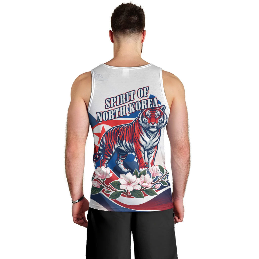 North Korea Flag Day Spirit Of North Korea Men Tank Top Flying Crane Graphic With Tiger Portrait And Magnolia Flowers