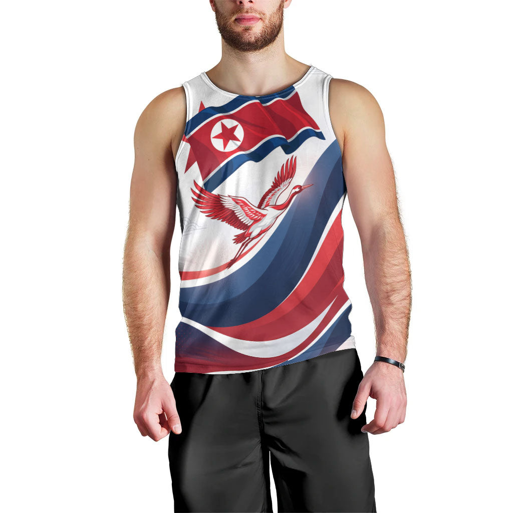 North Korea Flag Day Spirit Of North Korea Men Tank Top Flying Crane Graphic With Tiger Portrait And Magnolia Flowers