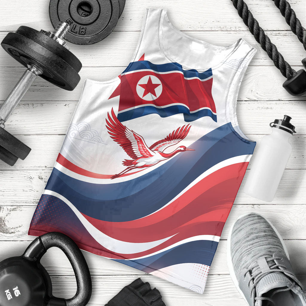 North Korea Flag Day Spirit Of North Korea Men Tank Top Flying Crane Graphic With Tiger Portrait And Magnolia Flowers