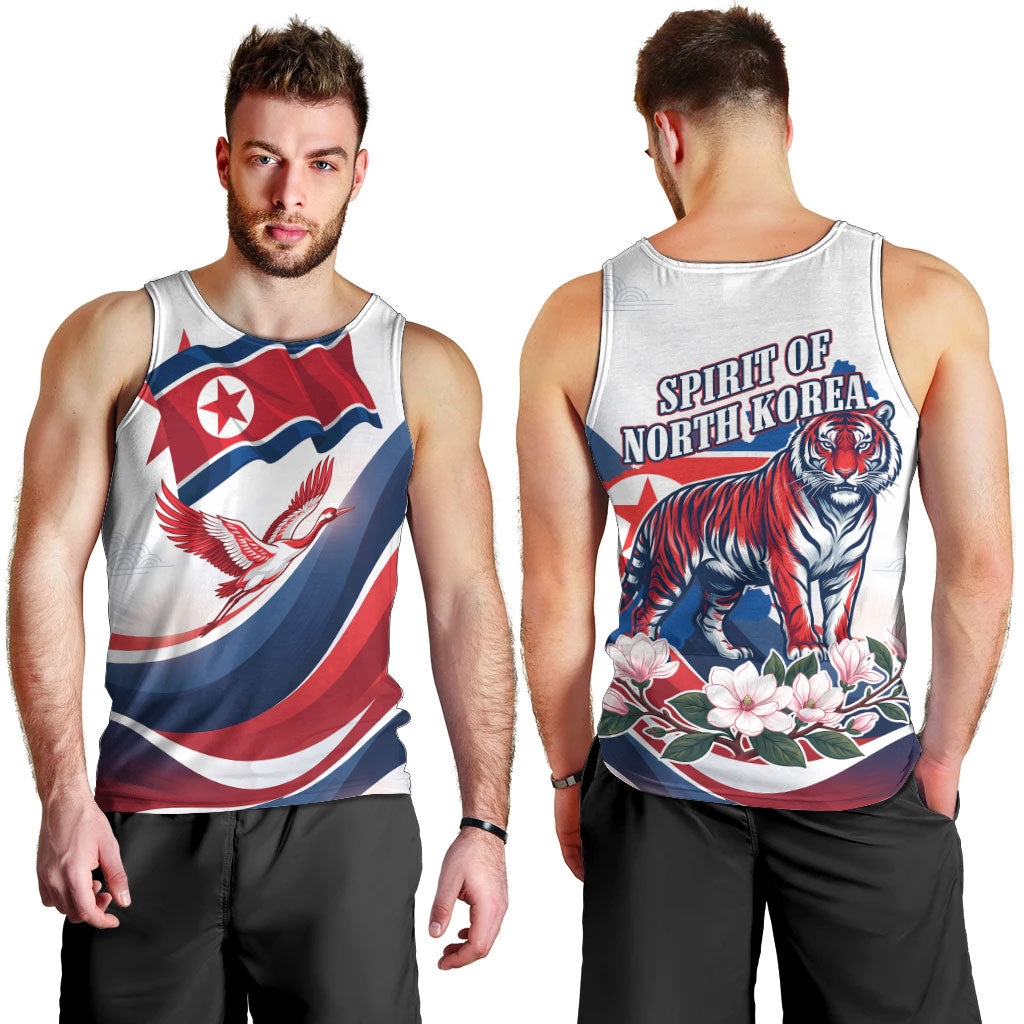 North Korea Flag Day Spirit Of North Korea Men Tank Top Flying Crane Graphic With Tiger Portrait And Magnolia Flowers