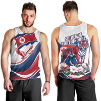North Korea Flag Day Spirit Of North Korea Men Tank Top Flying Crane Graphic With Tiger Portrait And Magnolia Flowers