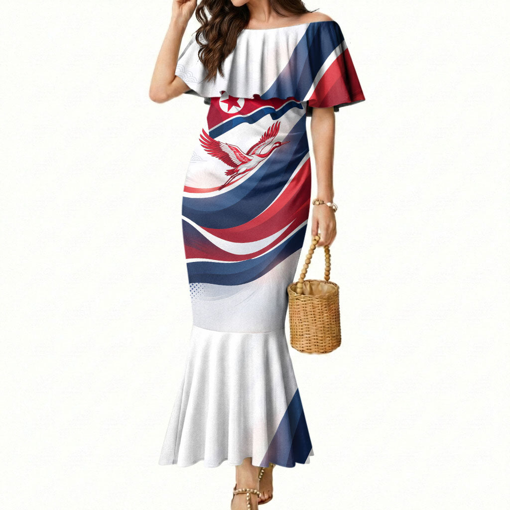 North Korea Flag Day Spirit Of North Korea Mermaid Dress Flying Crane Graphic With Tiger Portrait And Magnolia Flowers