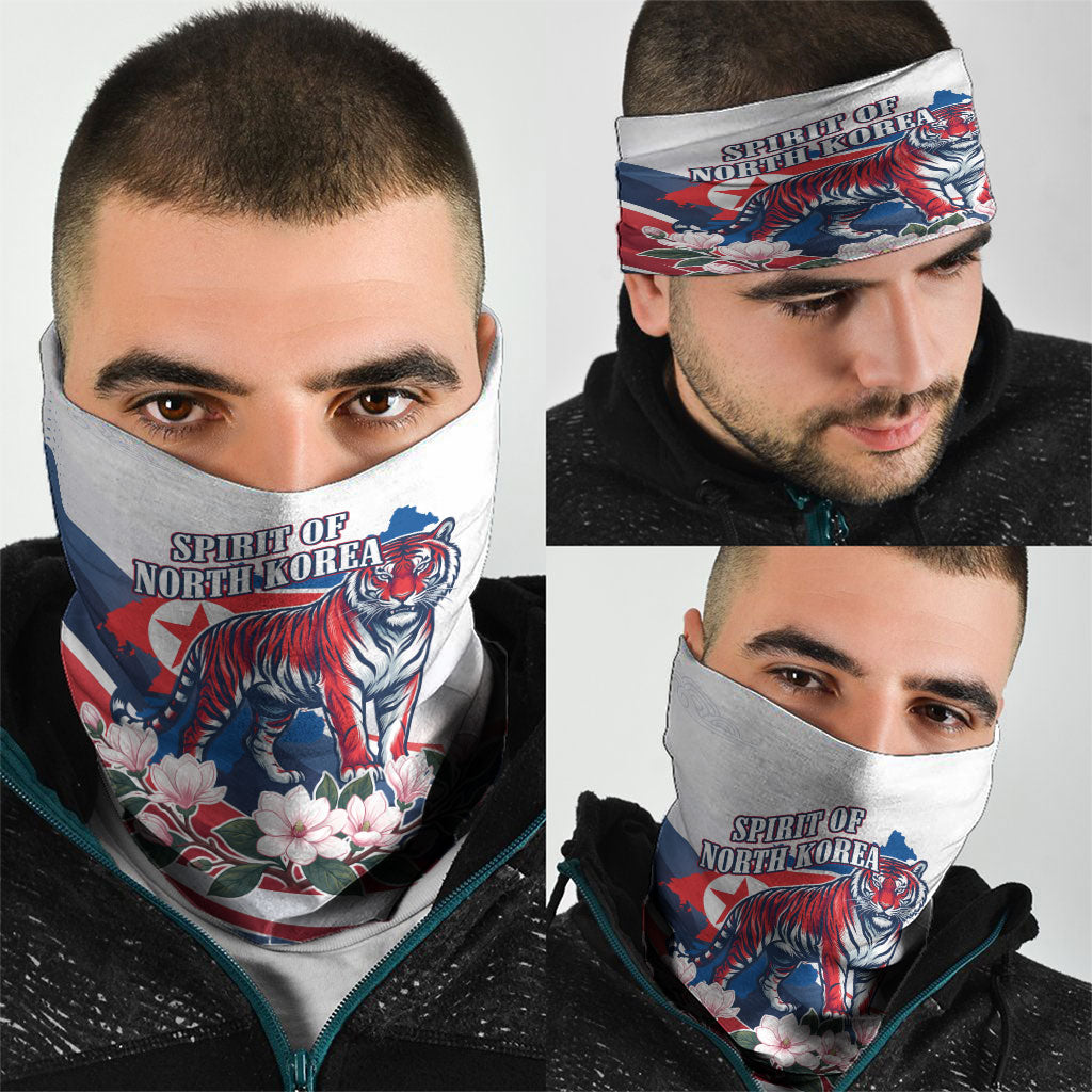 North Korea Flag Day Spirit Of North Korea Neck Gaiter Flying Crane Graphic With Tiger Portrait And Magnolia Flowers