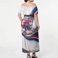 North Korea Flag Day Spirit Of North Korea Off Shoulder Maxi Dress Flying Crane Graphic With Tiger Portrait And Magnolia Flowers
