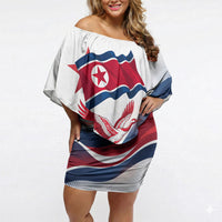 North Korea Flag Day Spirit Of North Korea Off Shoulder Short Dress Flying Crane Graphic With Tiger Portrait And Magnolia Flowers