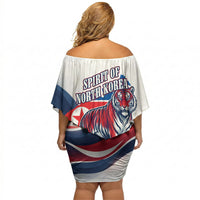 North Korea Flag Day Spirit Of North Korea Off Shoulder Short Dress Flying Crane Graphic With Tiger Portrait And Magnolia Flowers