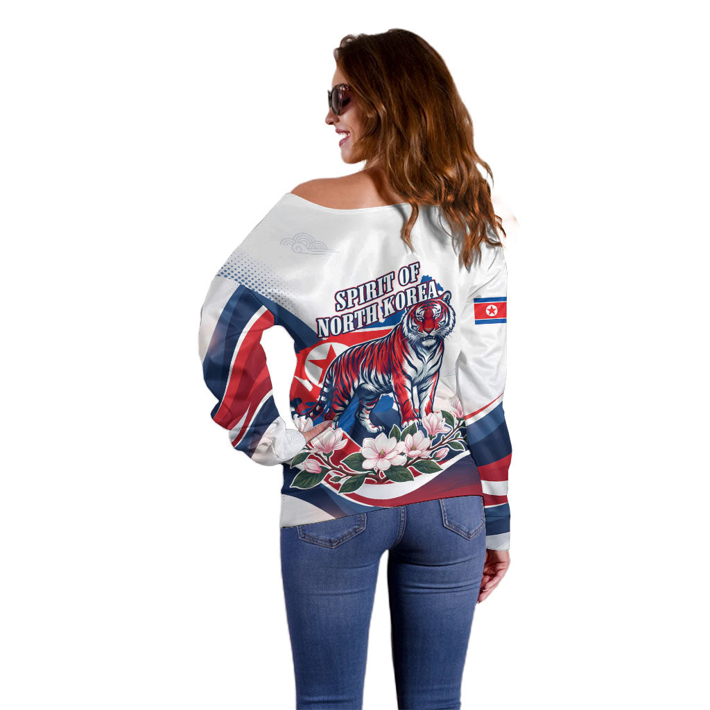 North Korea Flag Day Spirit Of North Korea Off Shoulder Sweater Flying Crane Graphic With Tiger Portrait And Magnolia Flowers